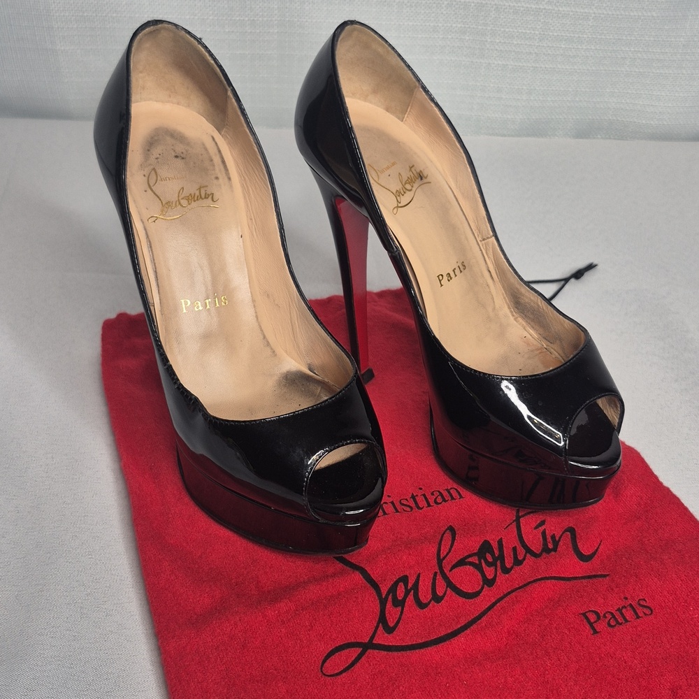 Christian Louboutin Black Patent Platform Stiletto Pumps Red Sole EUR 34.5/US4.5 - Picture 4 of 17